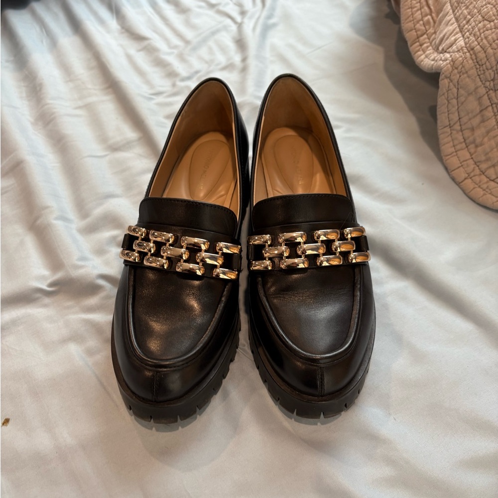 ANTONIO MELANI Black Loafers with Gold Chain Accent